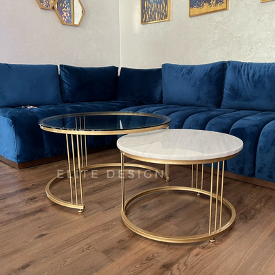 Duo tables gigognes en marbre blanc et verre clair - Elite Design Maroc